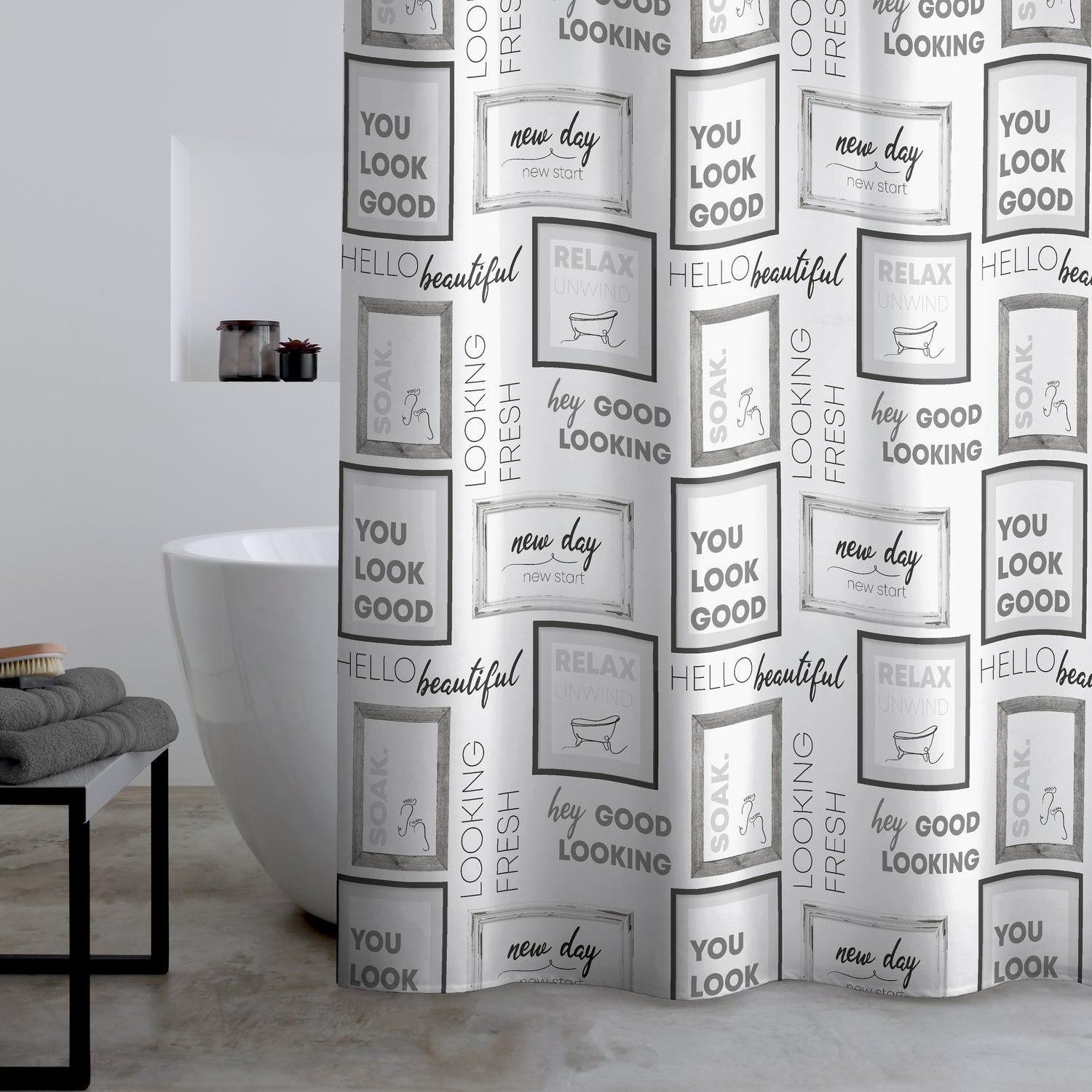 Catherine Lansfield Relax And Unwind Shower Curtain Grey Black