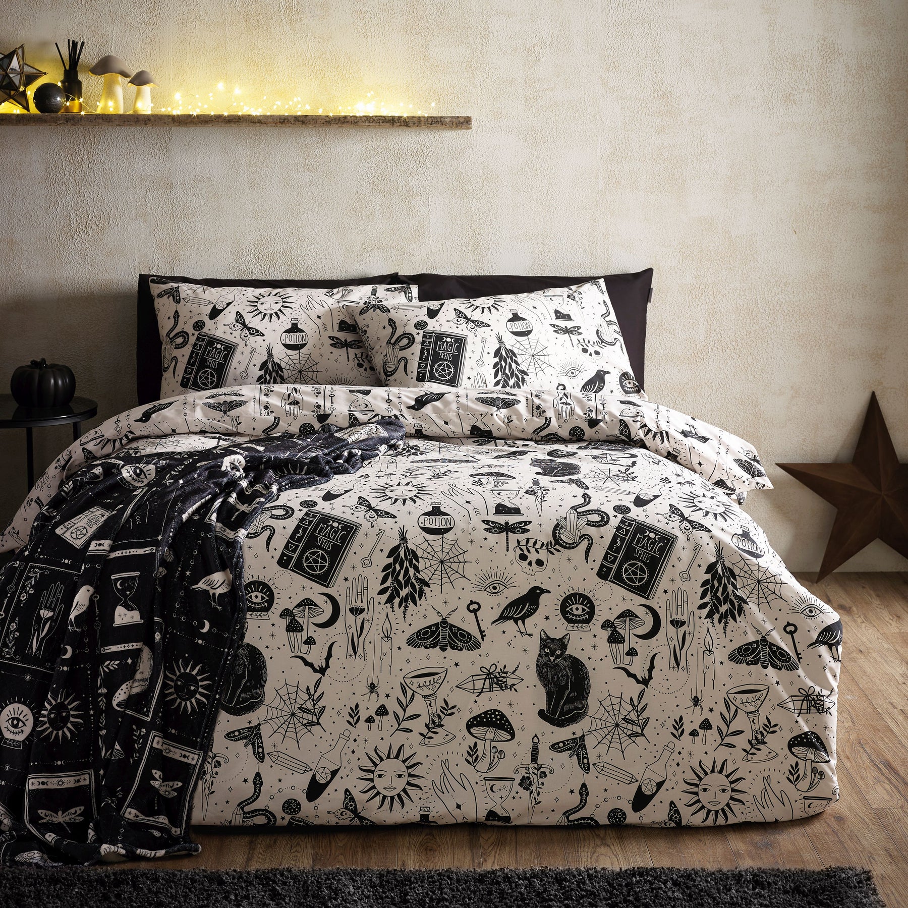 Catherine Lansfield Enchanted Witchcraft Duvet Cover Bedding Set Black Natural