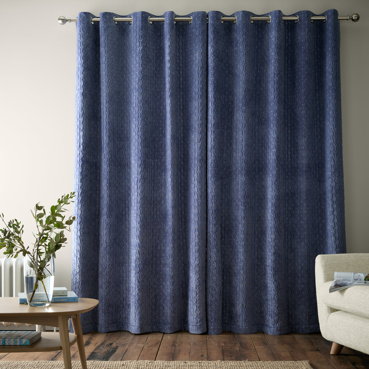 Bianca Attica Velvet Ready Made Eyelet Blackout Curtains Blue