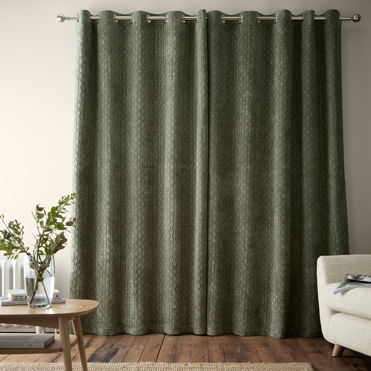 Bianca Attica Velvet Ready Made Eyelet Blackout Curtains Green