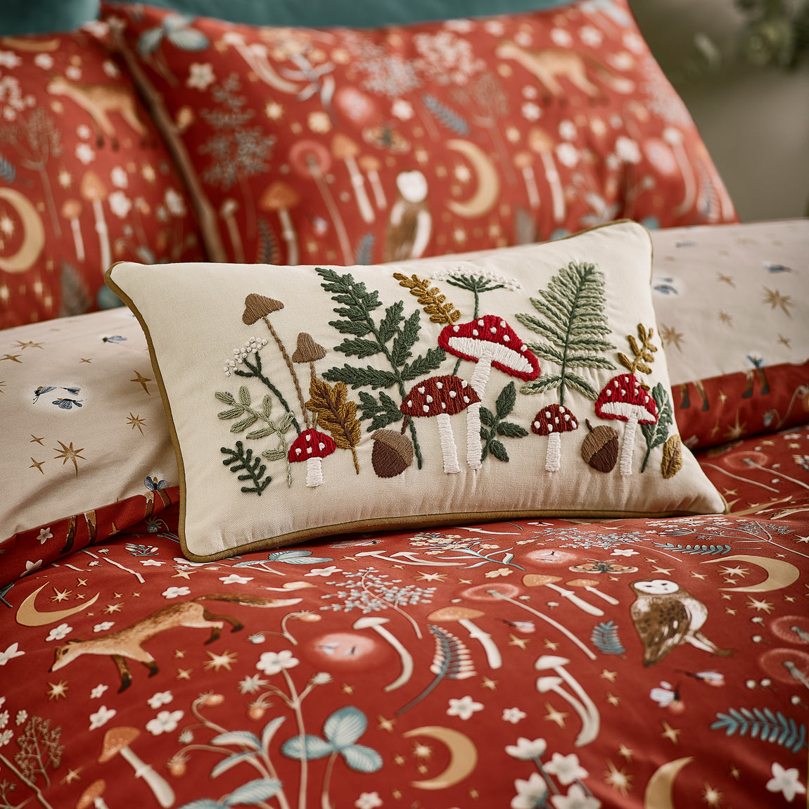 Catherine Lansfield Embroidery Woodland 30cm x 50cm Filled Cushion Natural