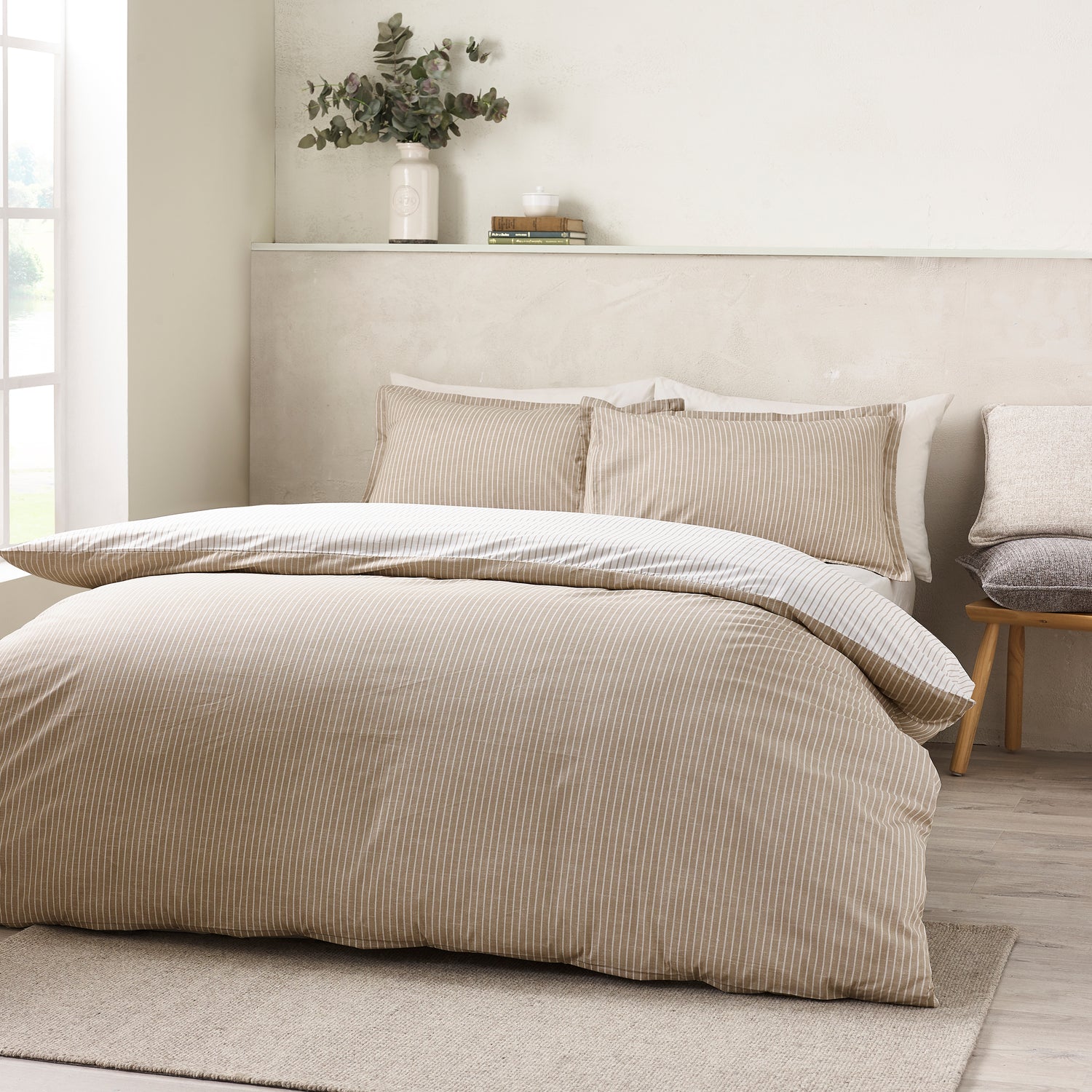 Catherine Lansfield Oxford Pinstripe Duvet Cover Bedding Set Natural