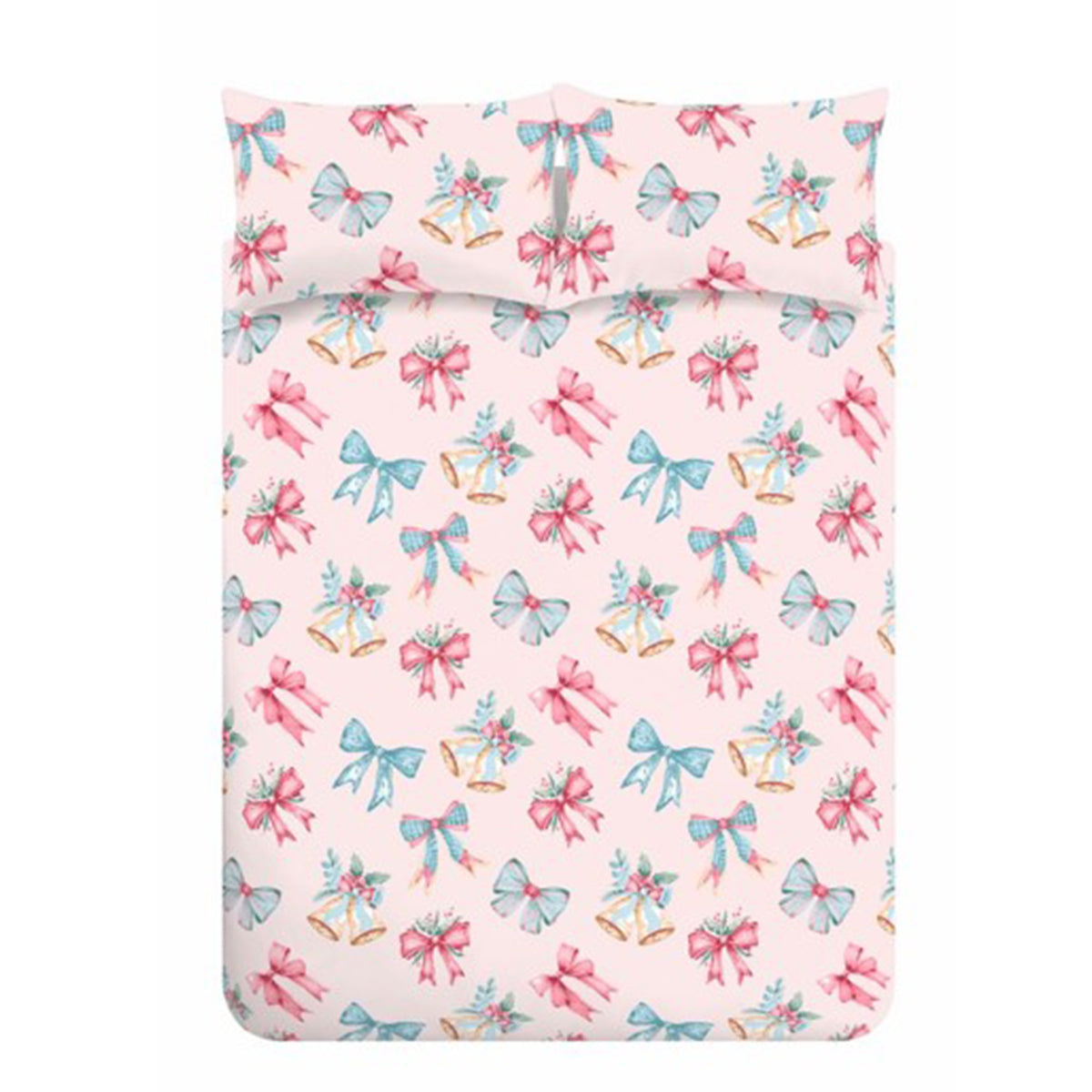 Catherine Lansfield Christmas Bows And Bells Duvet Cover Bedding Set Pink