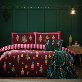 Catherine Lansfield Christmas Nutcracker Stripe Duvet Cover Bedding Set Plum