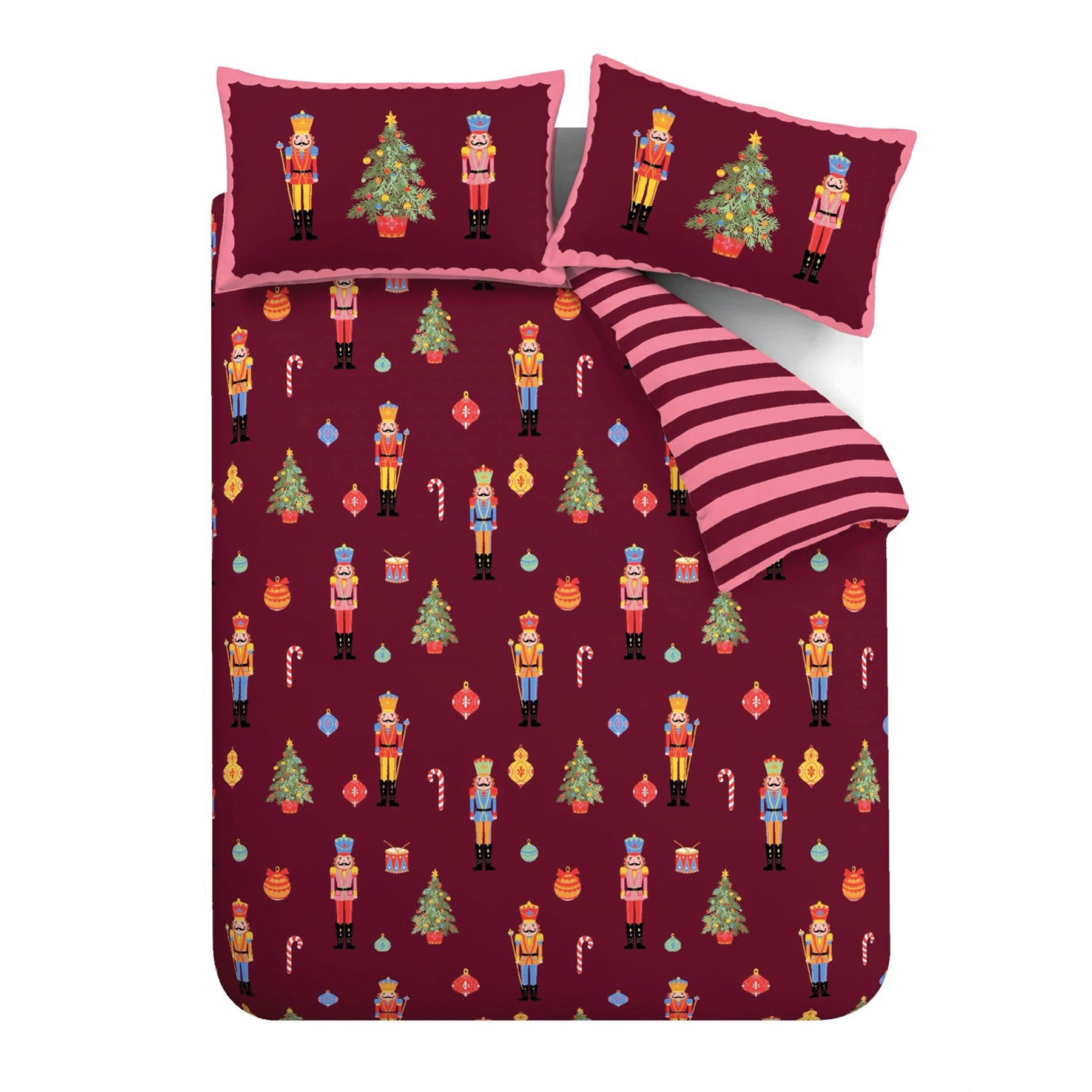 Catherine Lansfield Christmas Nutcracker Stripe Duvet Cover Bedding Set Plum