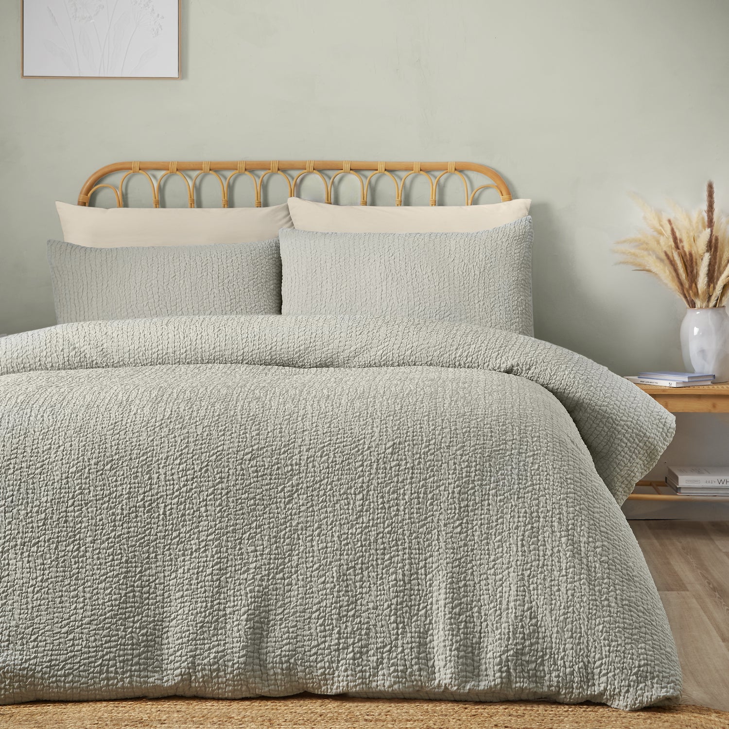 Catherine Lansfield Crinkle Seersucker Duvet Cover Bedding Set Green