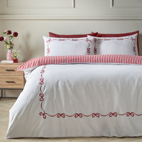 Catherine Lansfield Bow Embroidery Duvet Cover Bedding Set White Red