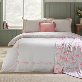 Catherine Lansfield Bow Embroidery Duvet Cover Bedding Set White Pink