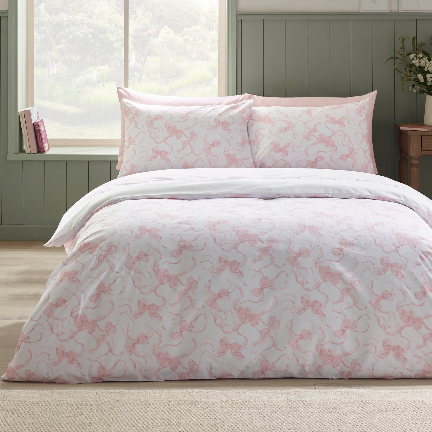 Catherine Lansfield Bow Embroidery Duvet Cover Bedding Set White Pink