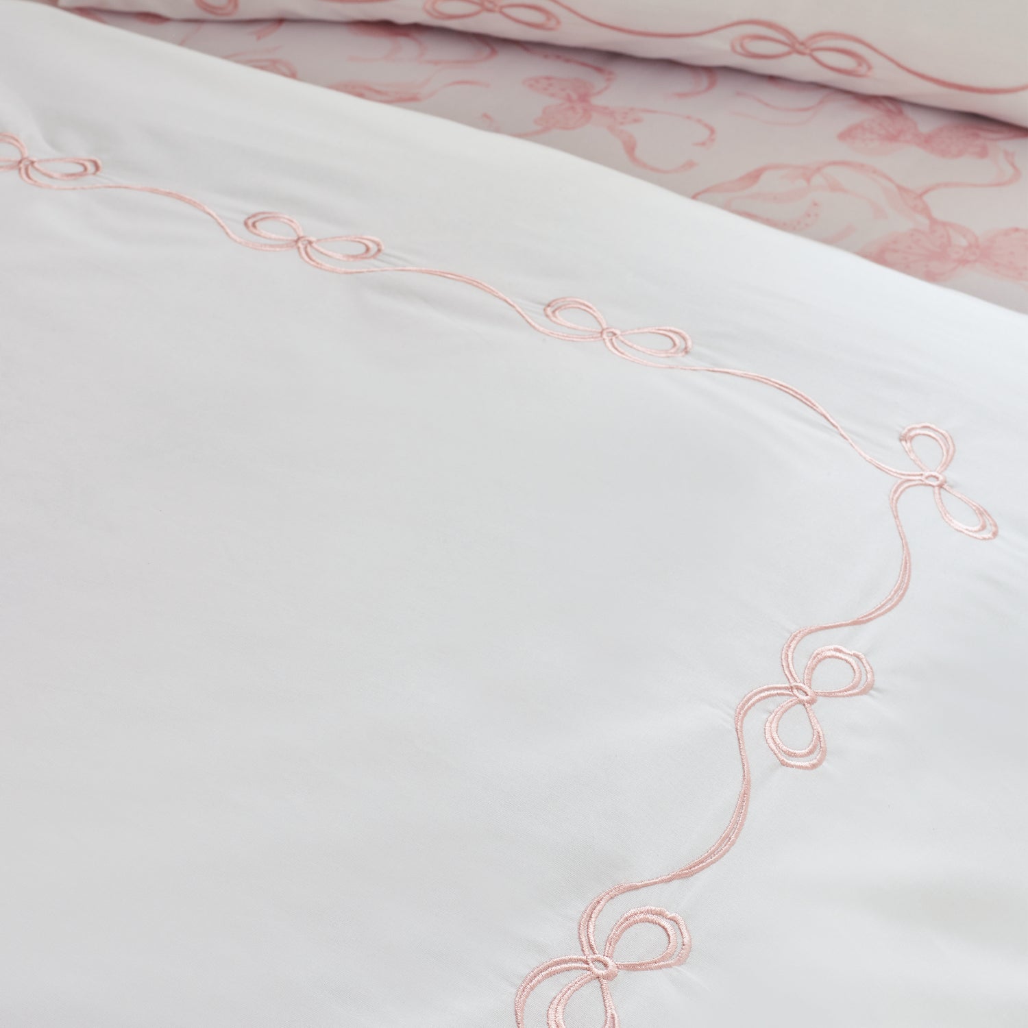 Catherine Lansfield Bow Embroidery Duvet Cover Bedding Set White Pink