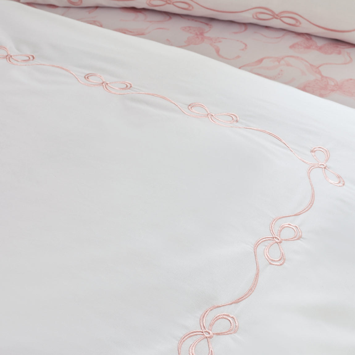 Catherine Lansfield Bow Embroidery Duvet Cover Bedding Set White Pink