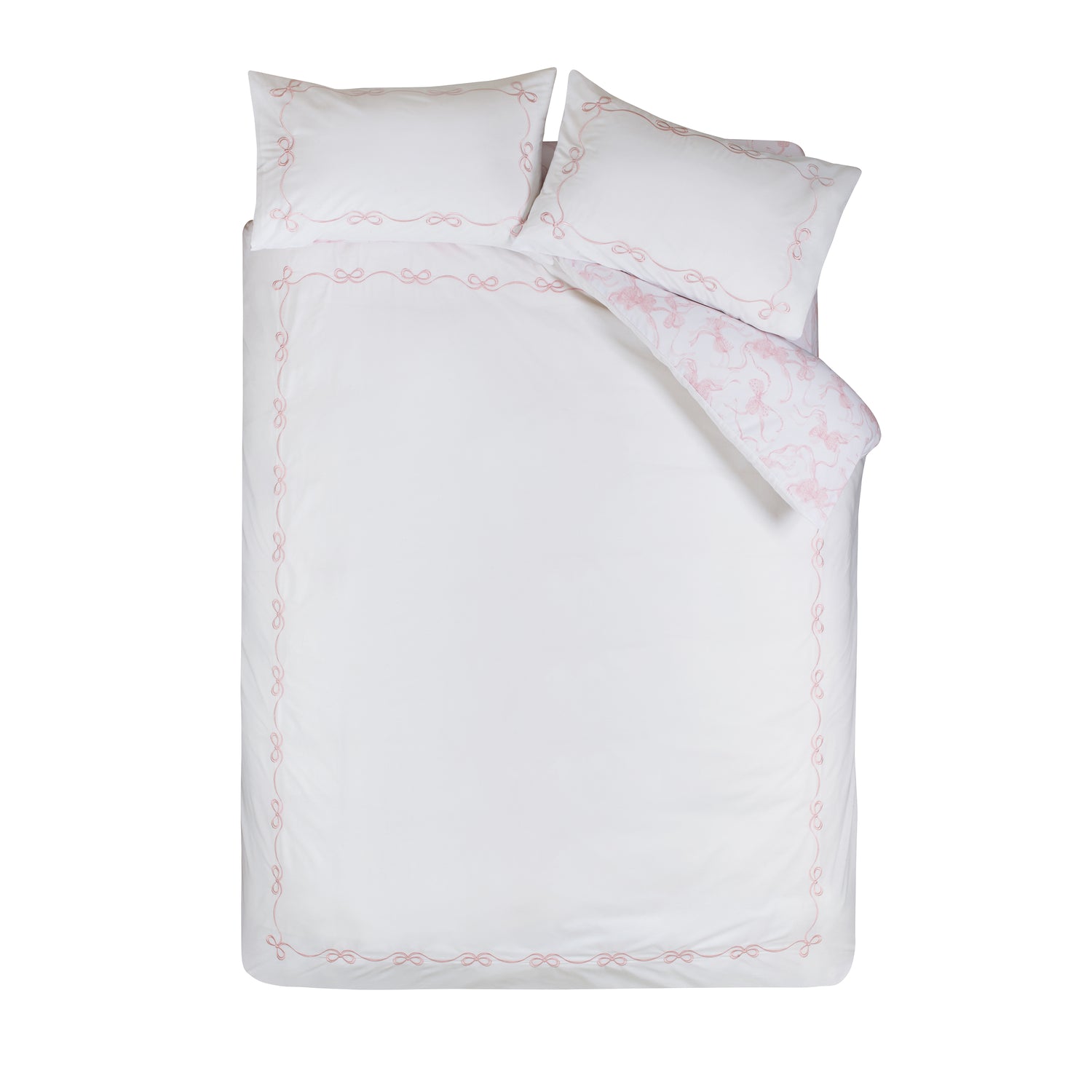 Catherine Lansfield Bow Embroidery Duvet Cover Bedding Set White Pink