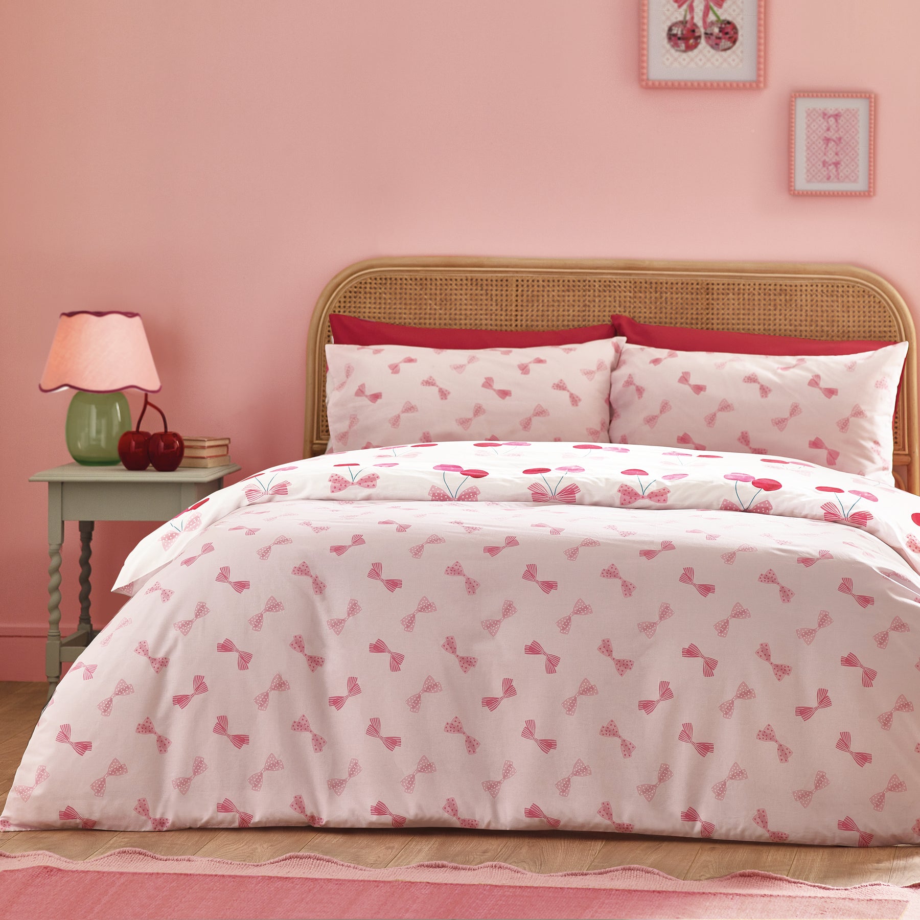 Catherine Lansfield Cherries And Bows Duvet Cover Bedding Set Pink