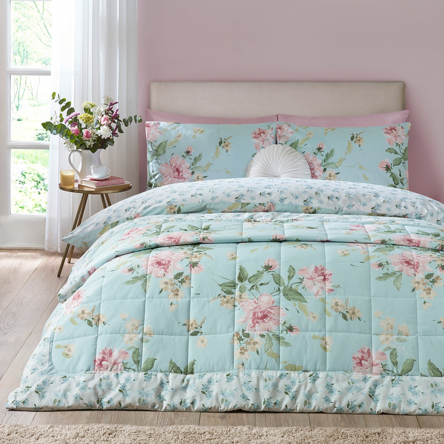 Catherine Lansfield Avebury Floral 220cm x 230cm Reversible Bedspread Duck Egg