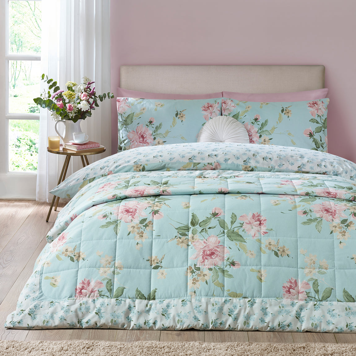 Catherine Lansfield Avebury Floral 220cm x 230cm Reversible Bedspread Duck Egg