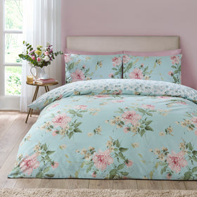 Catherine Lansfield Avebury Floral Duvet Cover Bedding Set Duck Egg