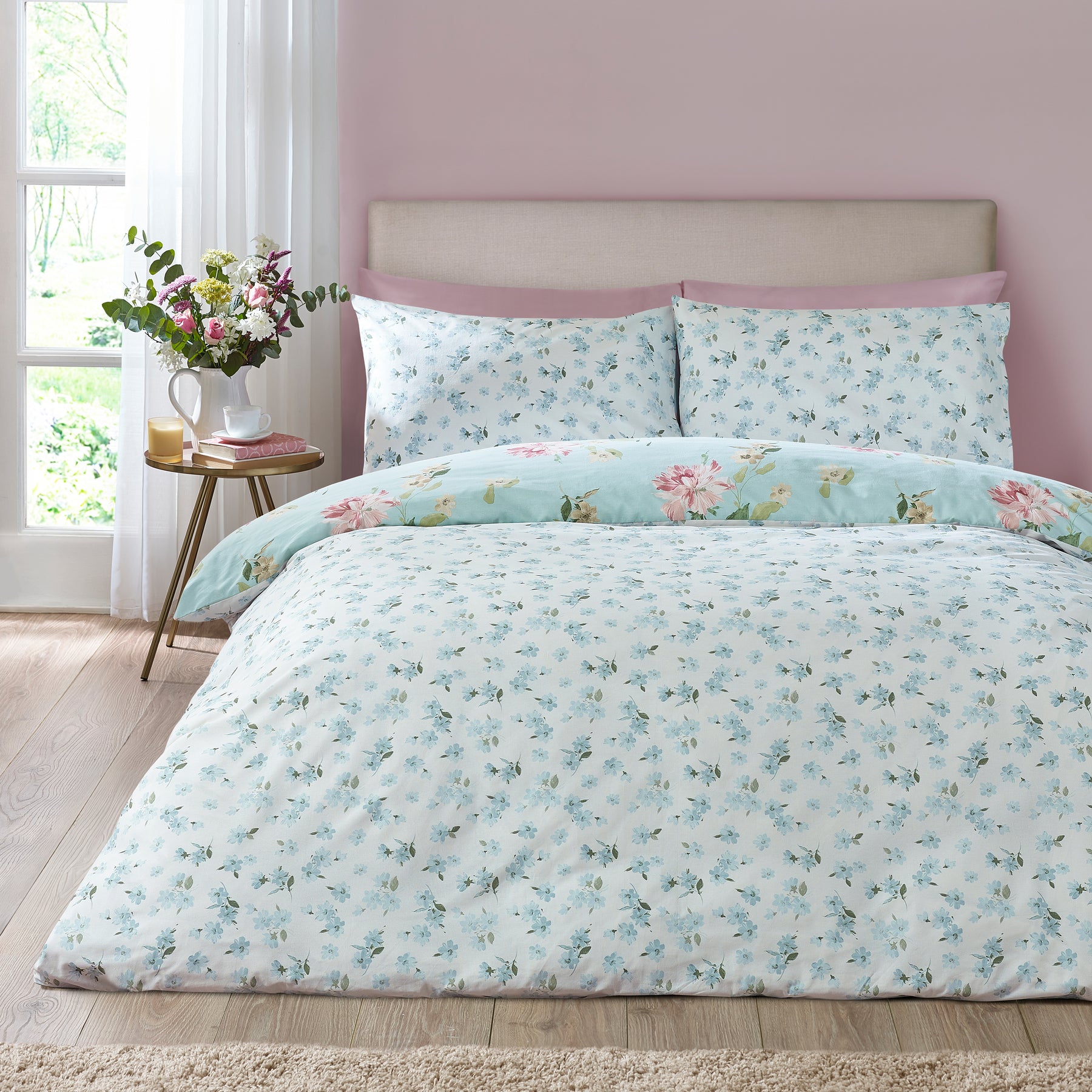 Catherine Lansfield Avebury Floral Duvet Cover Bedding Set Duck Egg