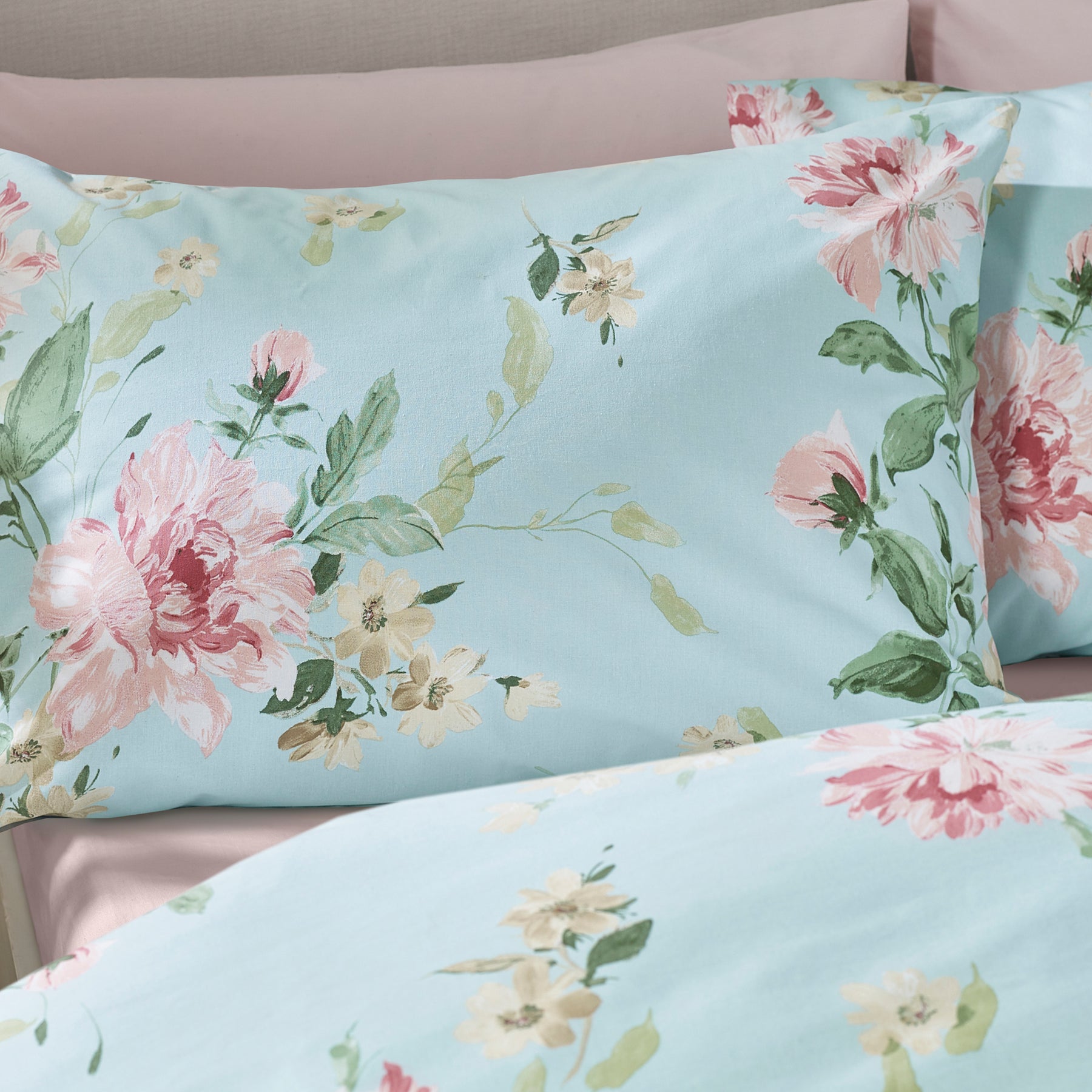 Catherine Lansfield Avebury Floral Duvet Cover Bedding Set Duck Egg