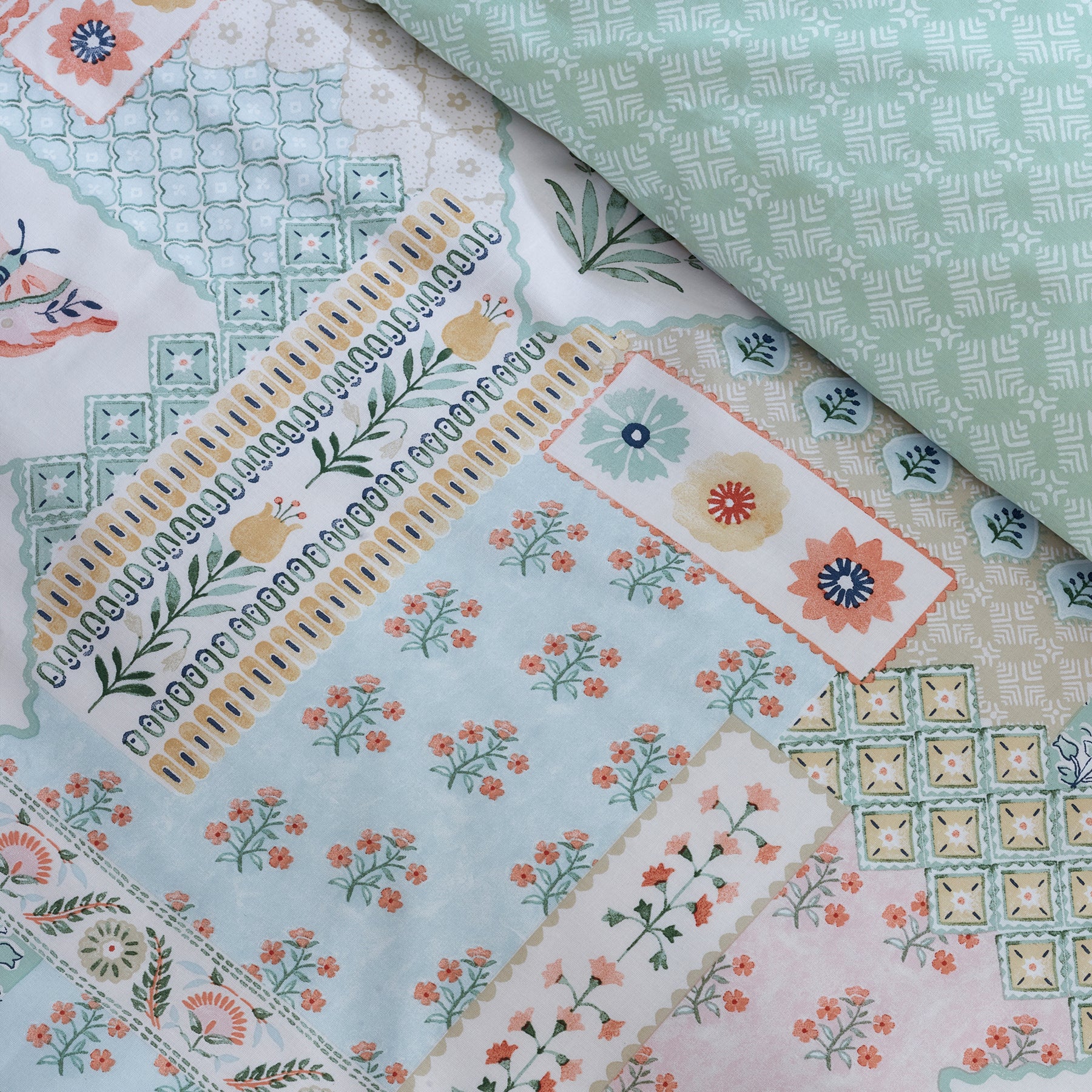 Catherine Lansfield Folk Patchwork Duvet Cover Bedding Set Green