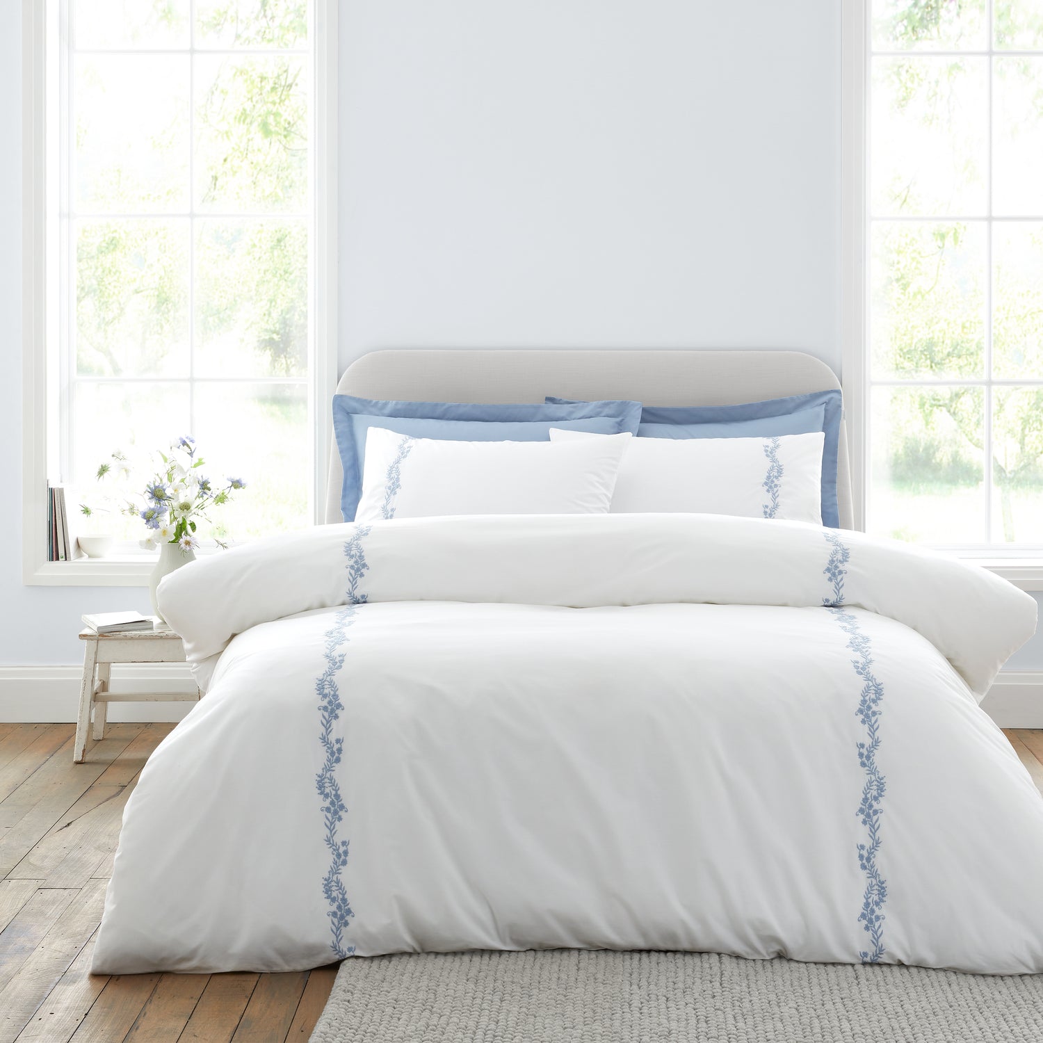Bianca Camille Embroidered Floral Duvet Cover Bedding Set White Blue