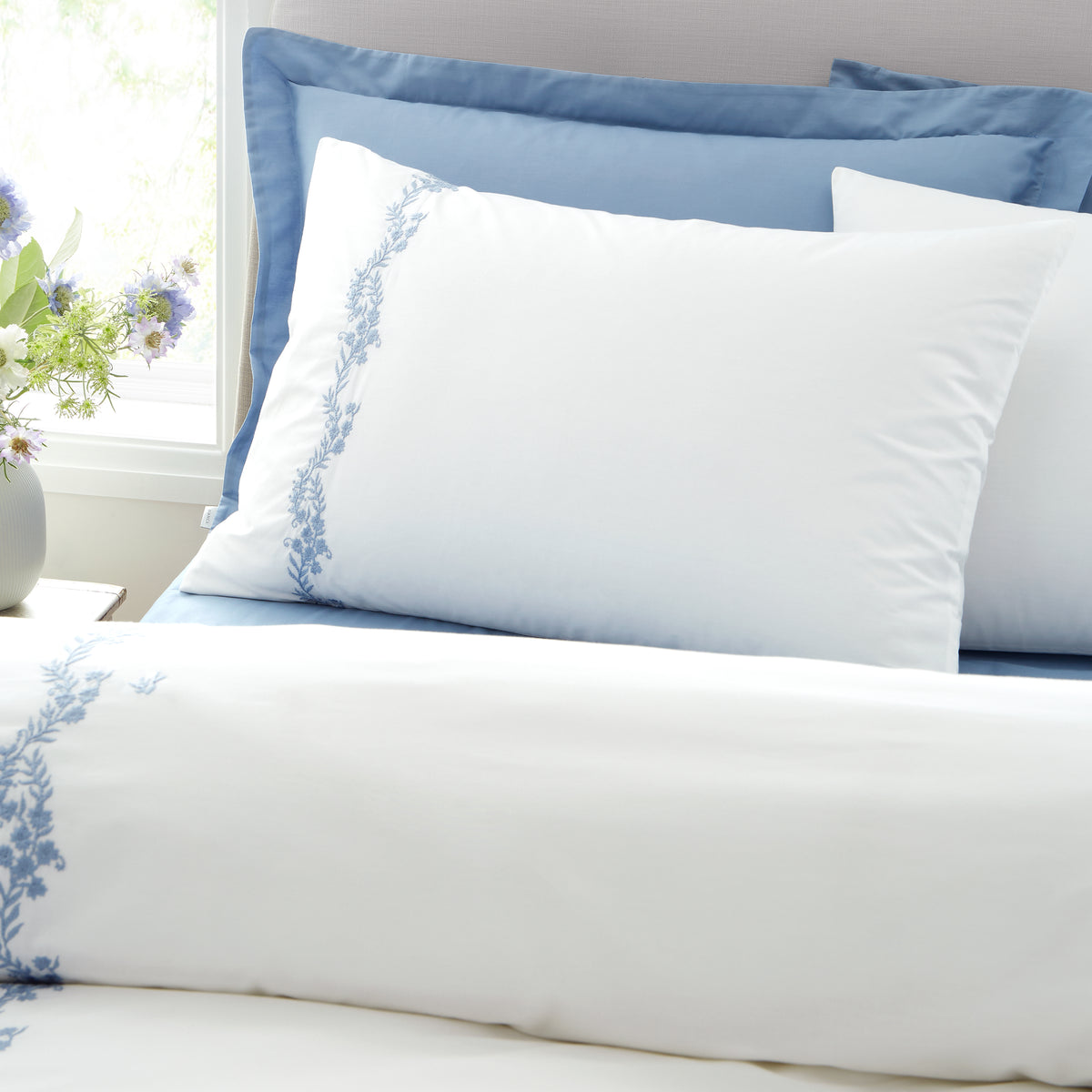 Bianca Camille Embroidered Floral Duvet Cover Bedding Set White Blue