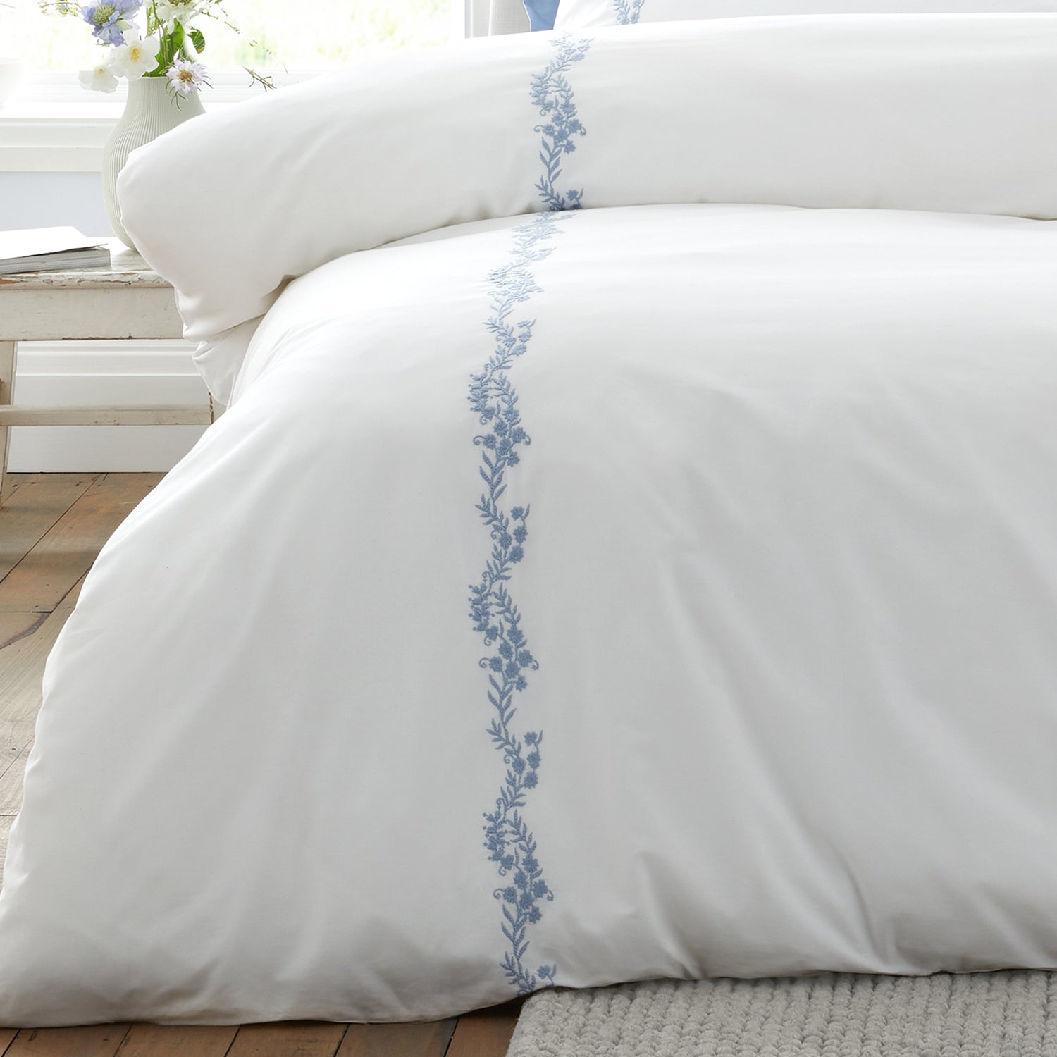 Bianca Camille Embroidered Floral Duvet Cover Bedding Set White Blue