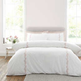 Bianca Camille Embroidered Floral Duvet Cover Bedding Set White Pink