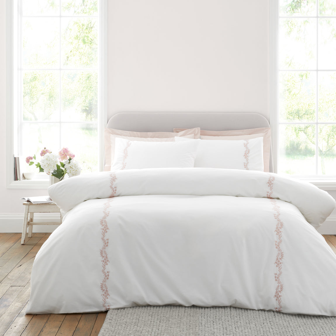Bianca Camille Embroidered Floral Duvet Cover Bedding Set White Pink