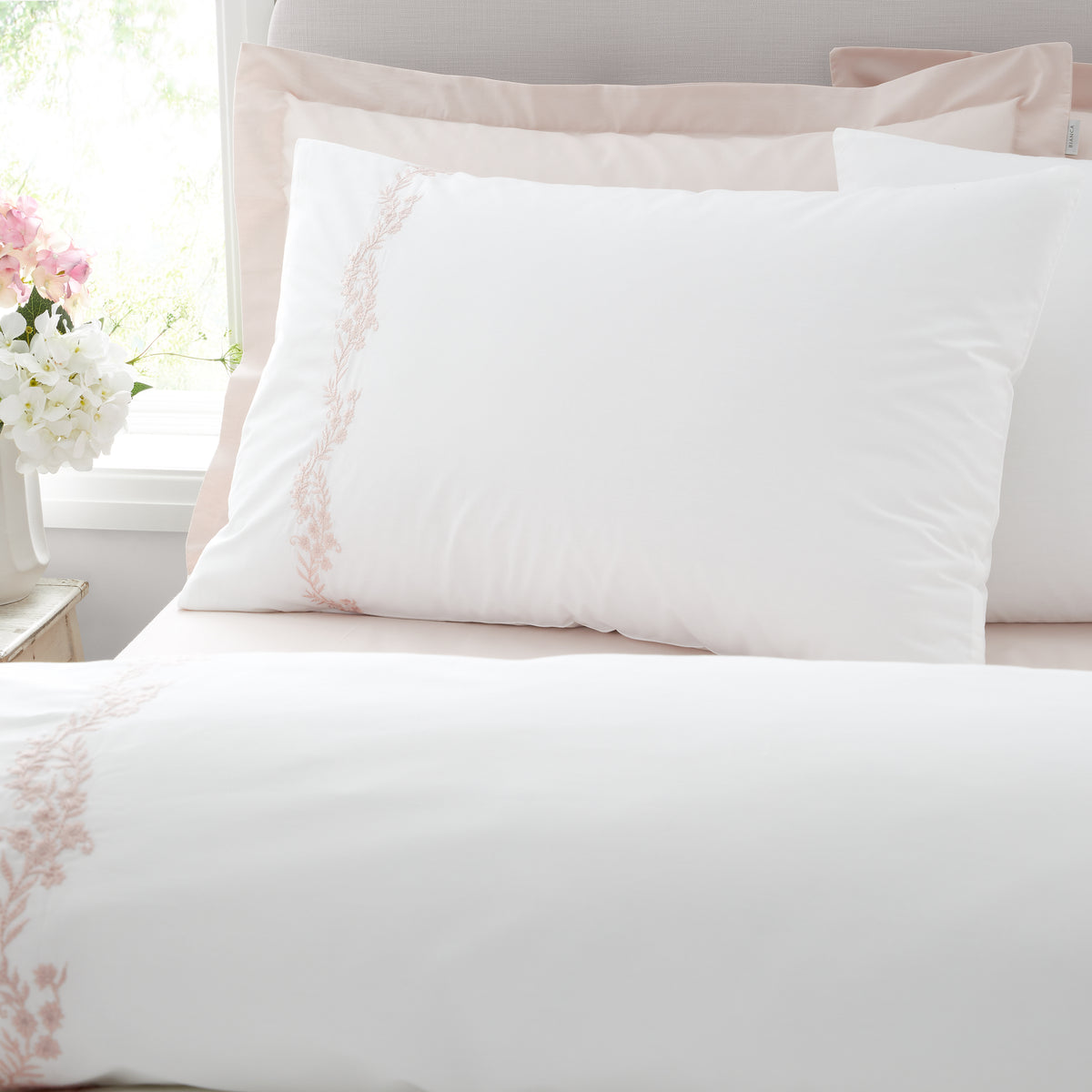 Bianca Camille Embroidered Floral Duvet Cover Bedding Set White Pink