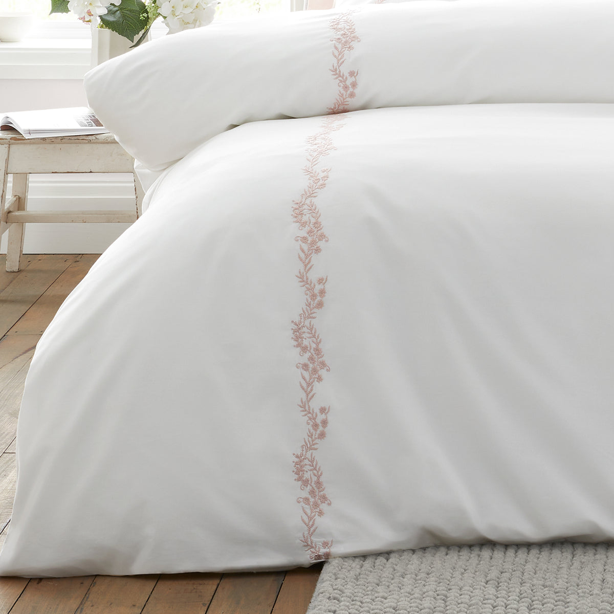 Bianca Camille Embroidered Floral Duvet Cover Bedding Set White Pink