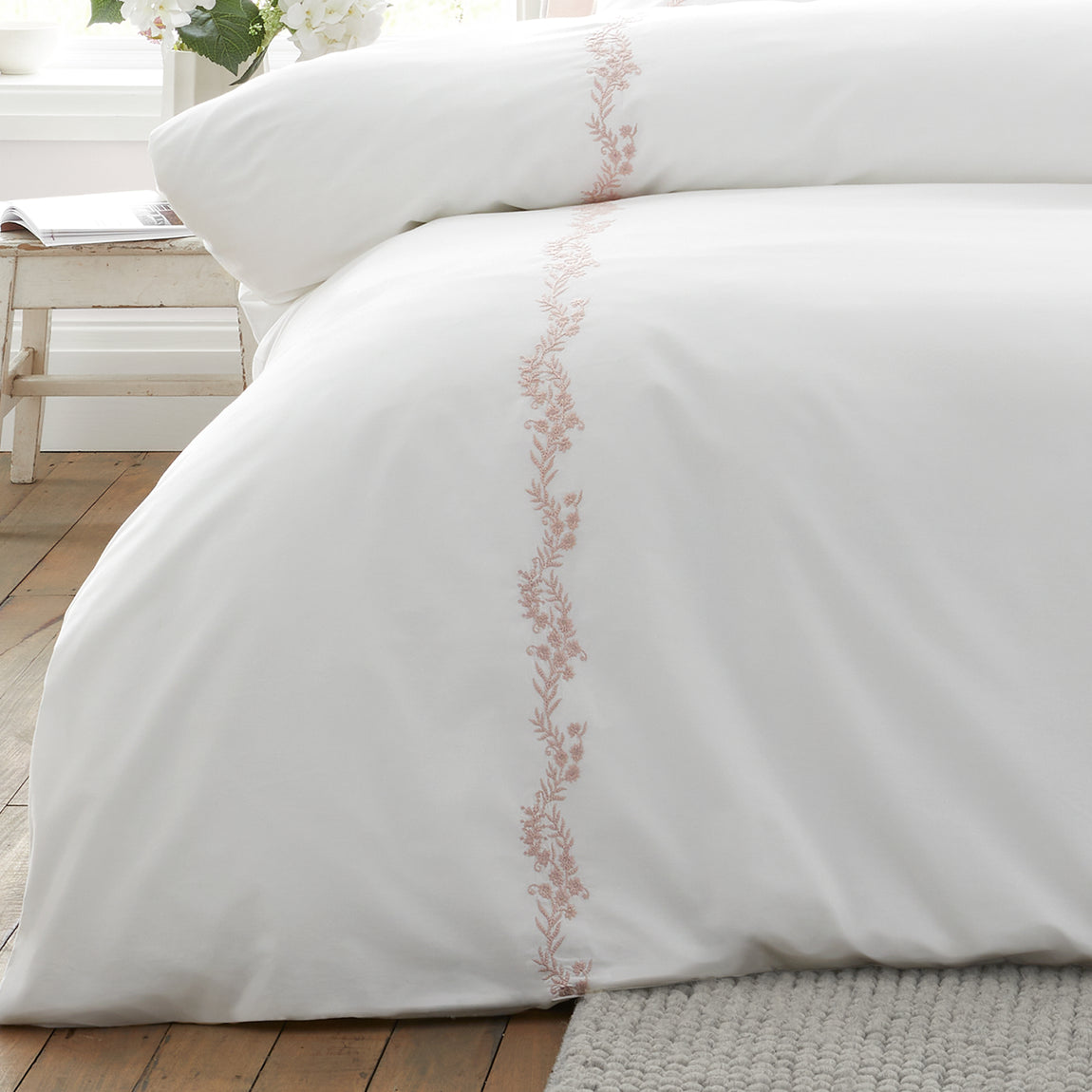 Bianca Camille Embroidered Floral Duvet Cover Bedding Set White Pink