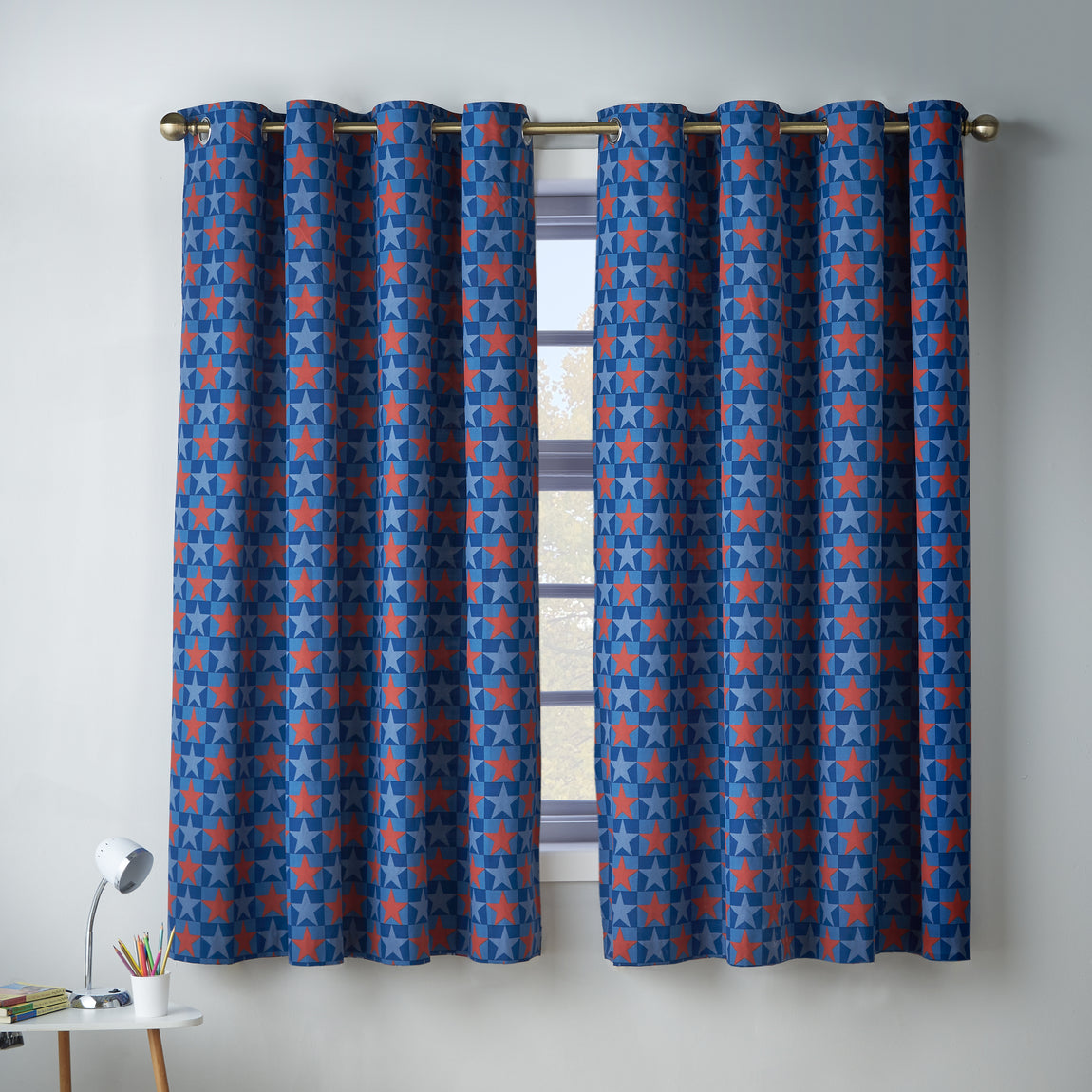 Catherine Lansfield Stars And Check Ready Made Eyelet Curtains 66 x 72 Blue