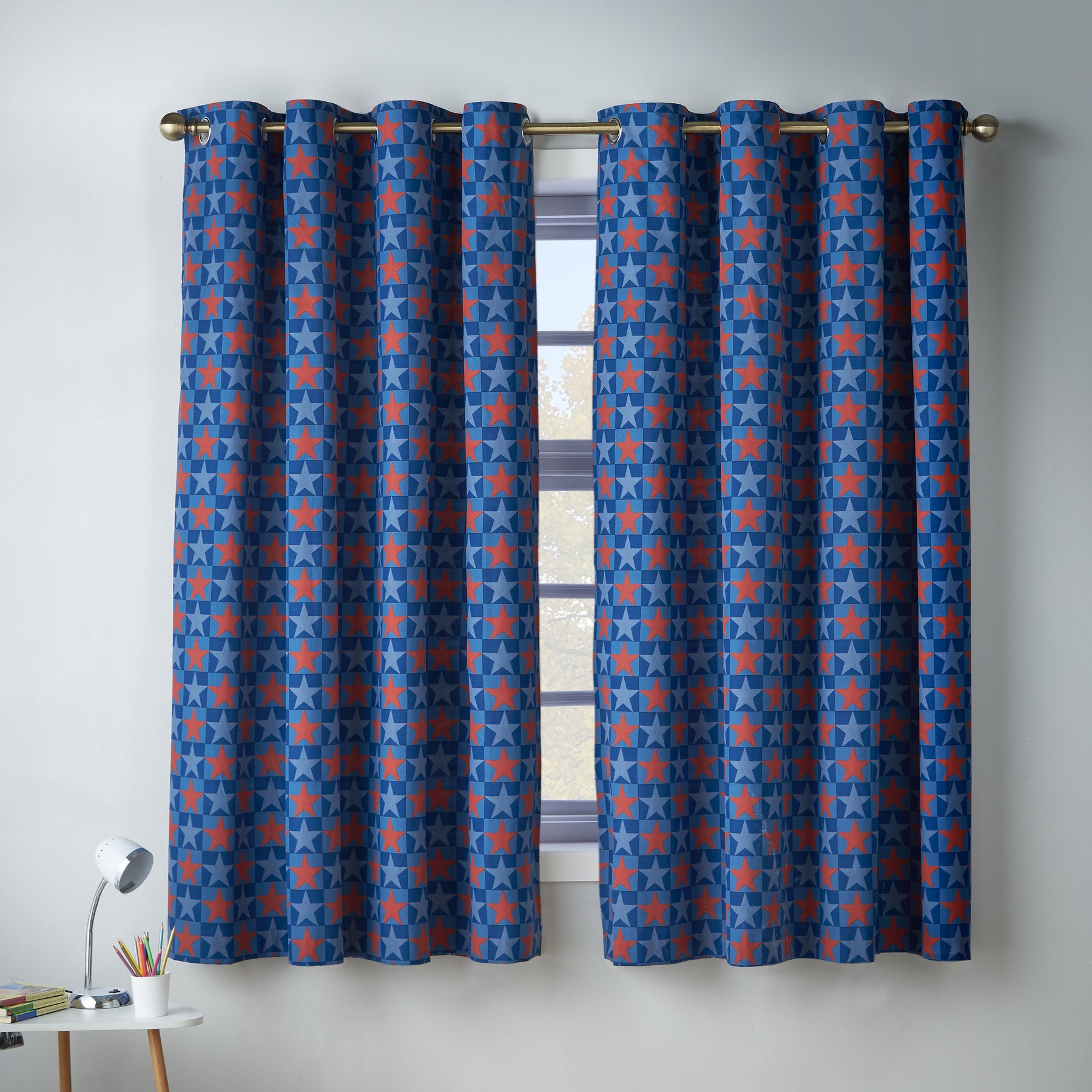 Catherine Lansfield Stars And Check Ready Made Eyelet Curtains 66 x 72 Blue
