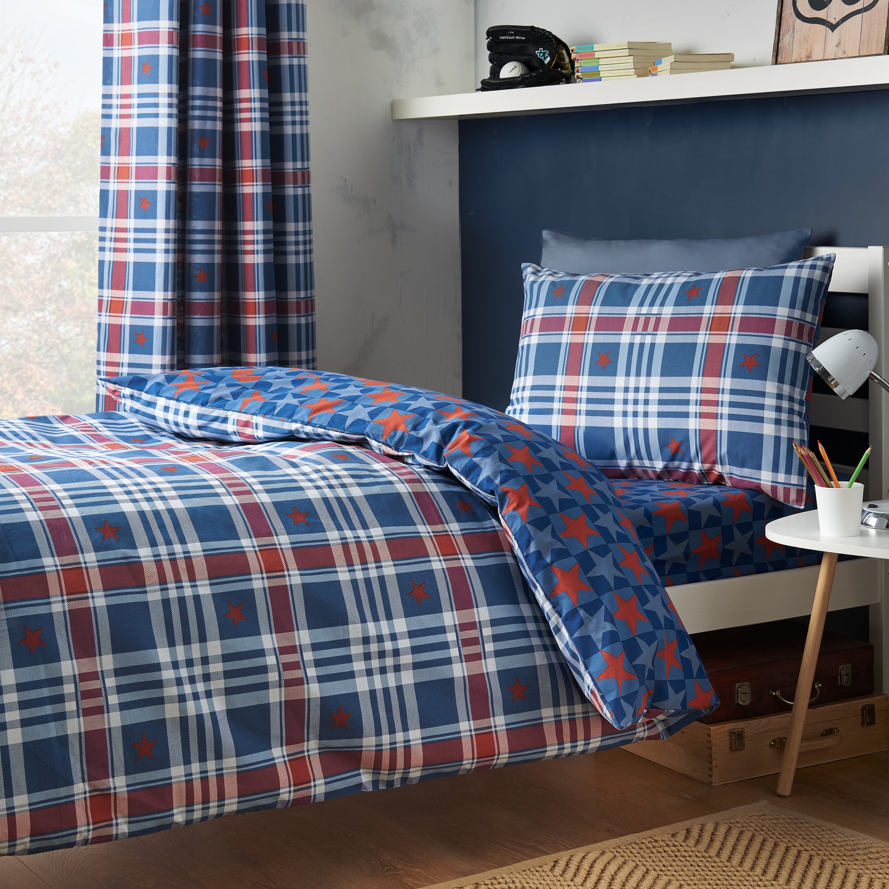 Catherine Lansfield Stars And Check Childrens Bedding Blue
