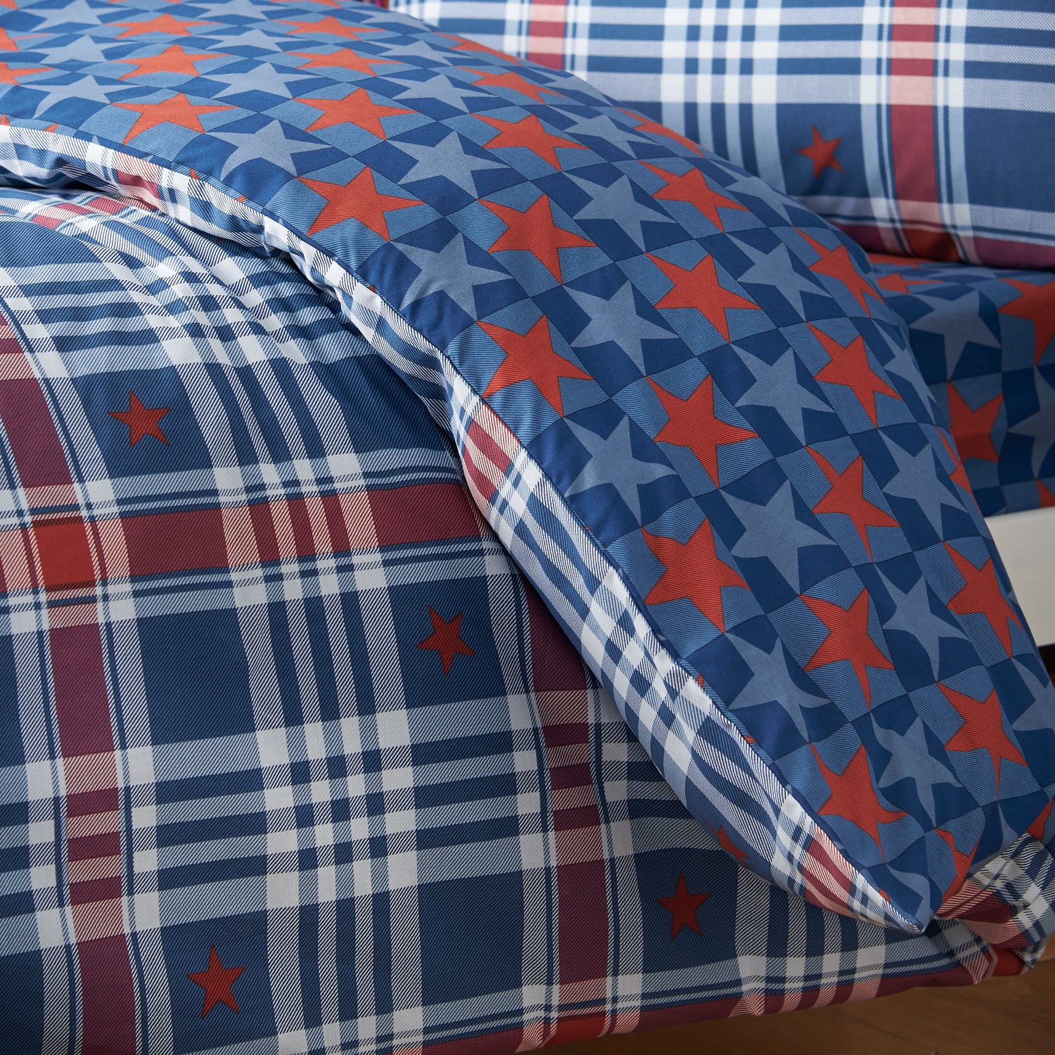 Catherine Lansfield Stars And Check Childrens Bedding Blue