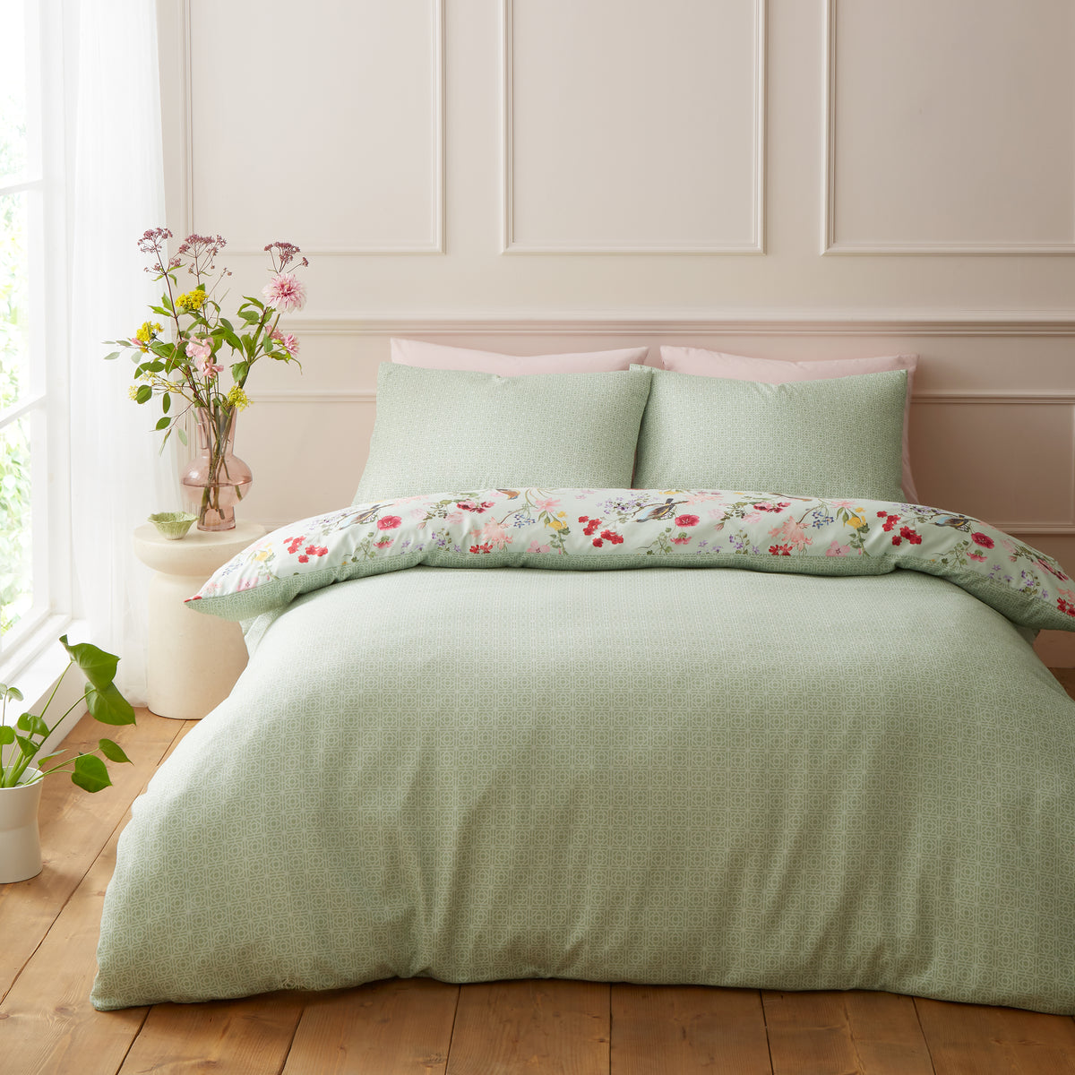 Royal Horticultural Society Birds In Bloom Duvet Cover Bedding Set Green
