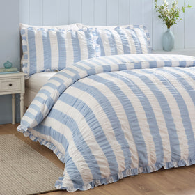 Catherine Lansfield Seersucker Frill Stripe Duvet Cover Bedding Set Blue