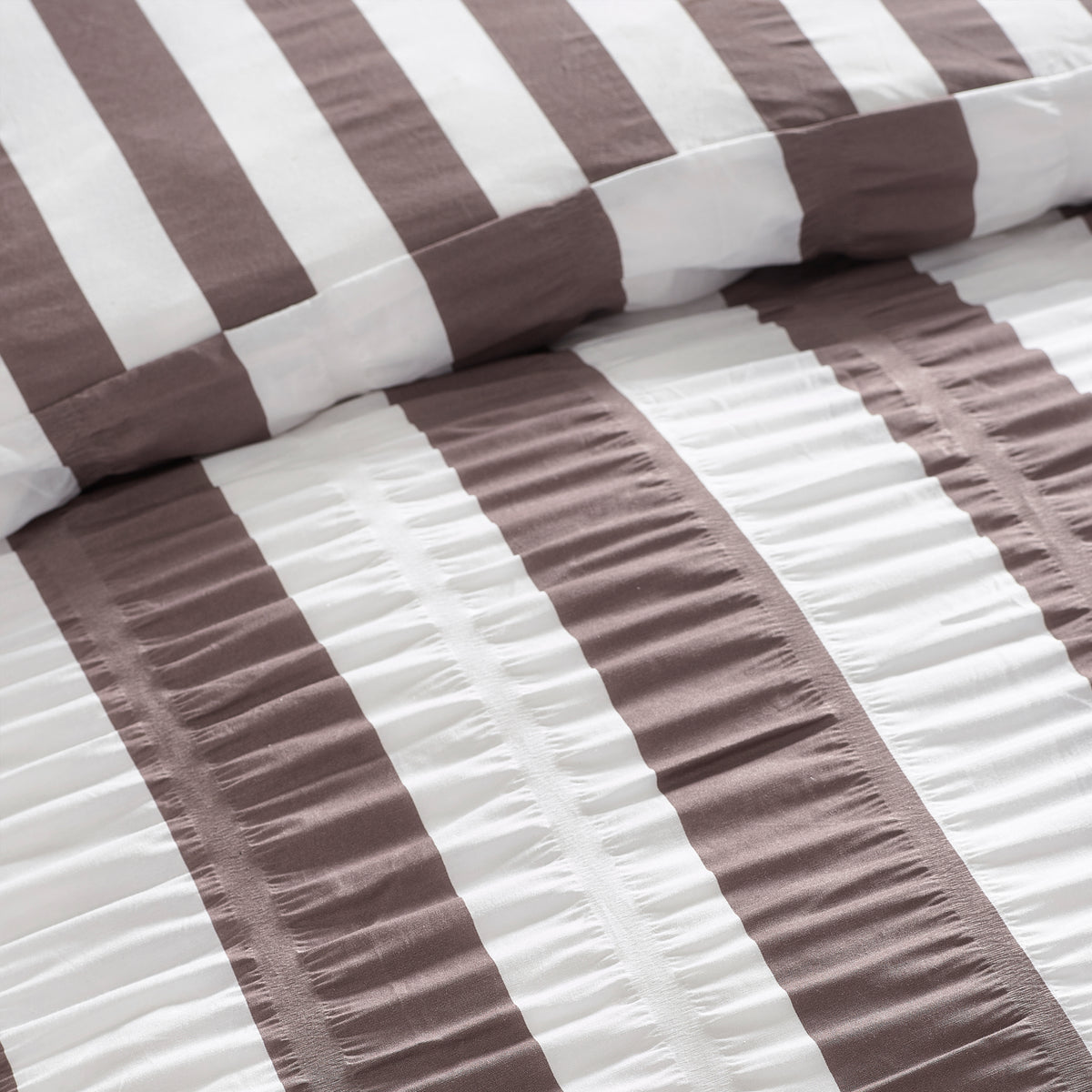 Catherine Lansfield Seersucker Frill Stripe Duvet Cover Bedding Set Chocolate