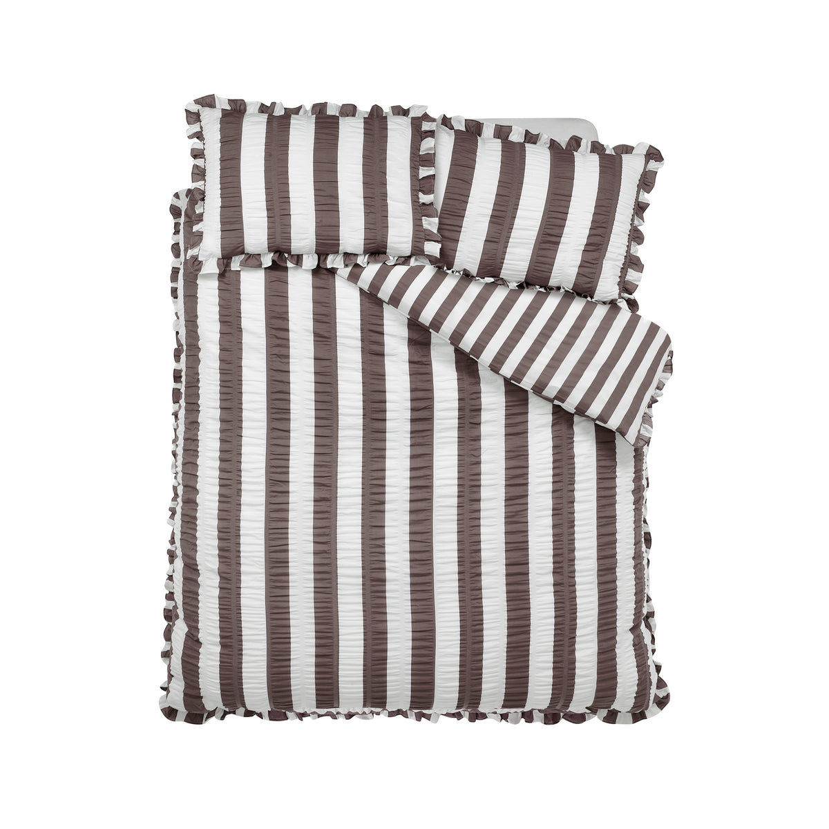 Catherine Lansfield Seersucker Frill Stripe Duvet Cover Bedding Set Chocolate