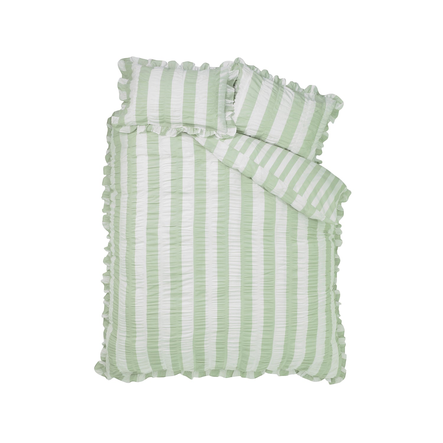 Catherine Lansfield Seersucker Frill Stripe Duvet Cover Bedding Set Green