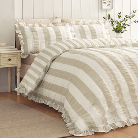 Catherine Lansfield Seersucker Frill Stripe Duvet Cover Bedding Set Natural