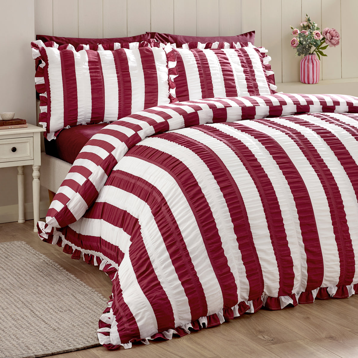 Catherine Lansfield Seersucker Frill Stripe Duvet Cover Bedding Set Plum