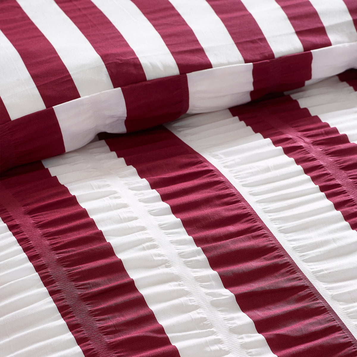 Catherine Lansfield Seersucker Frill Stripe Duvet Cover Bedding Set Plum