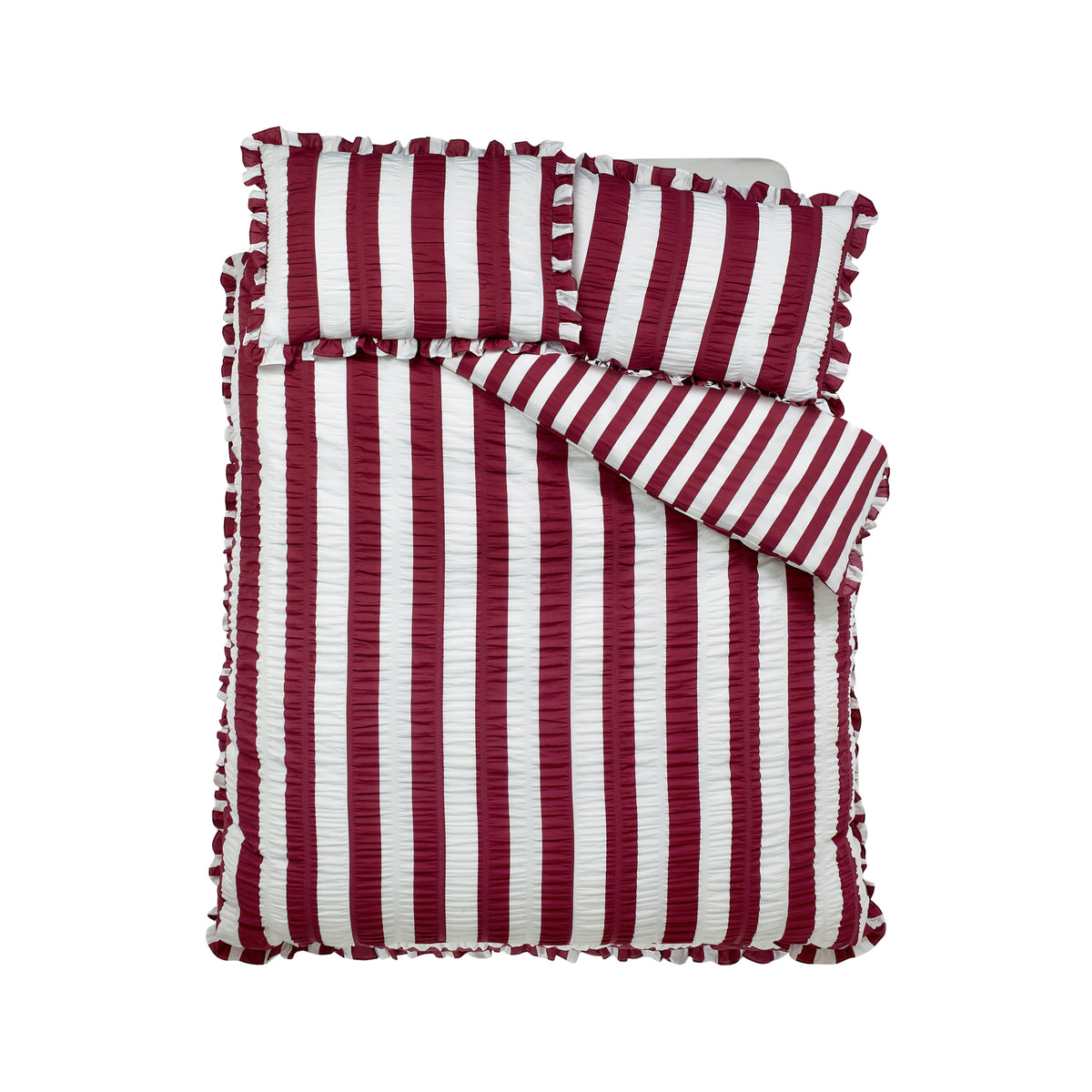 Catherine Lansfield Seersucker Frill Stripe Duvet Cover Bedding Set Plum