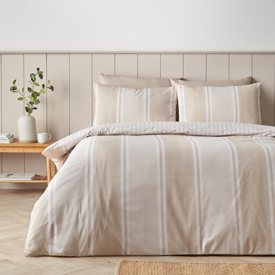 Catherine Lansfield Banded Stripe Duvet Cover Bedding Set Natural