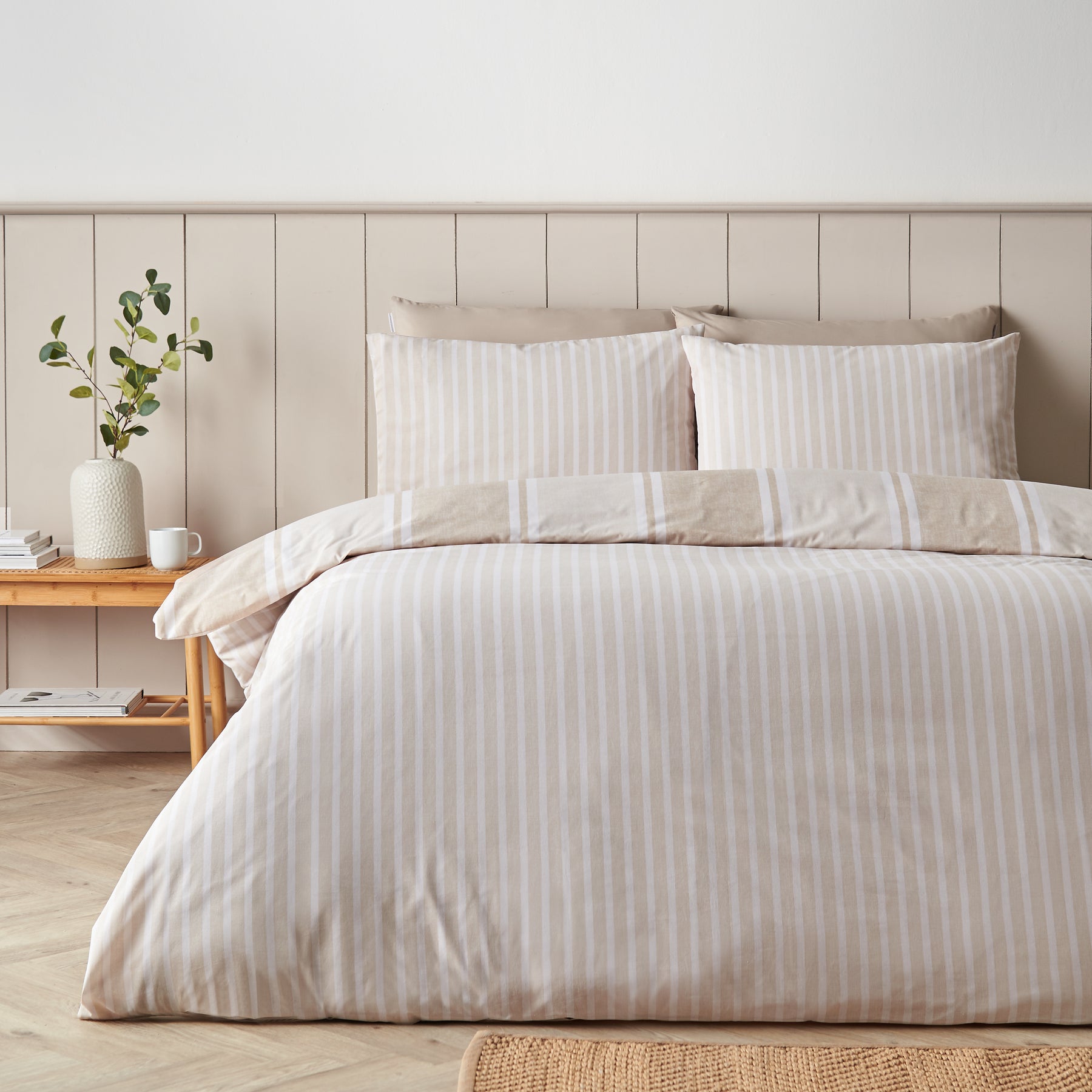 Catherine Lansfield Banded Stripe Duvet Cover Bedding Set Natural