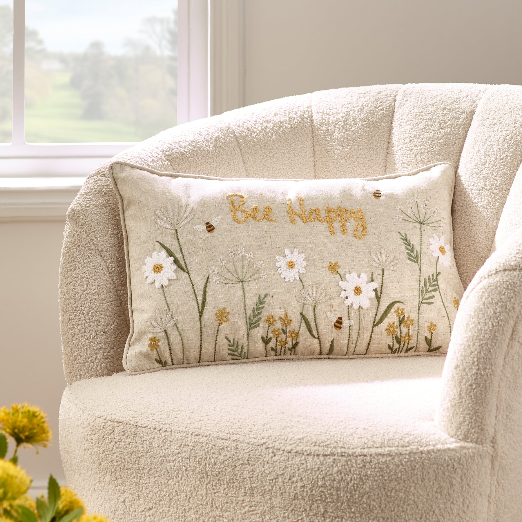 Catherine Lansfield Bee Happy Embroidered Filled Boudoir 30cm x 50cm Natural