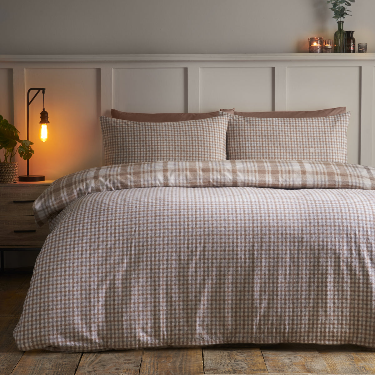 Catherine Lansfield Brushed Hamish Check Duvet Cover Bedding Set Natural