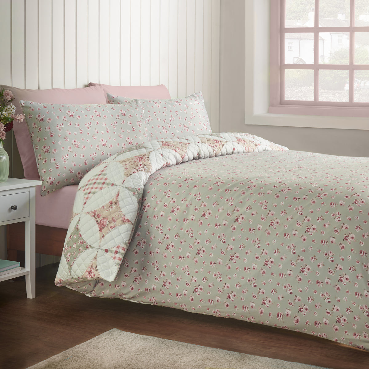 Catherine Lansfield Pinsonic Patchwork Duvet Cover Bedding Set Green