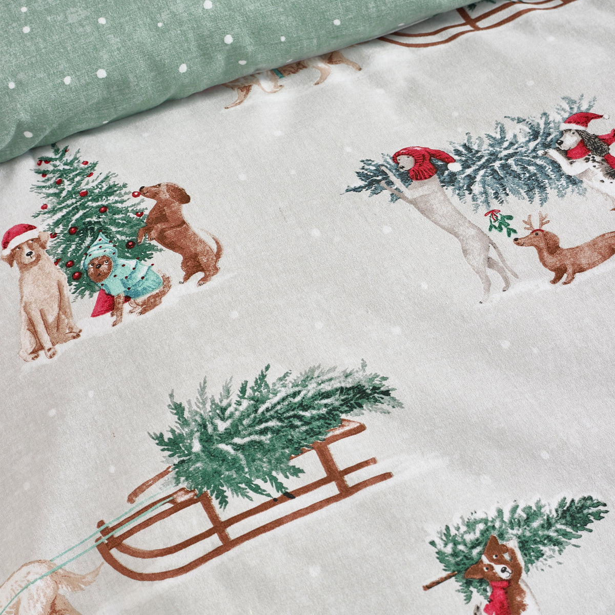 Catherine Lansfield Brushed Christmas Dogs Duvet Cover Bedding Set Green